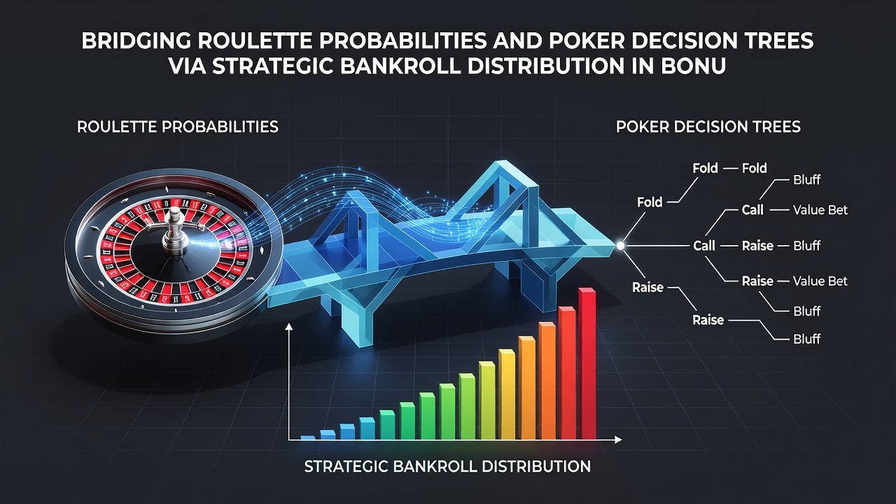 Flowchart showing bankroll segments divided between roulette probability calculations and poker decision branches during bonus play
