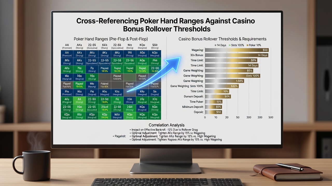 Close-up of a laptop screen displaying poker range matrix overlaid with bonus progress bar and rollover calculator interface