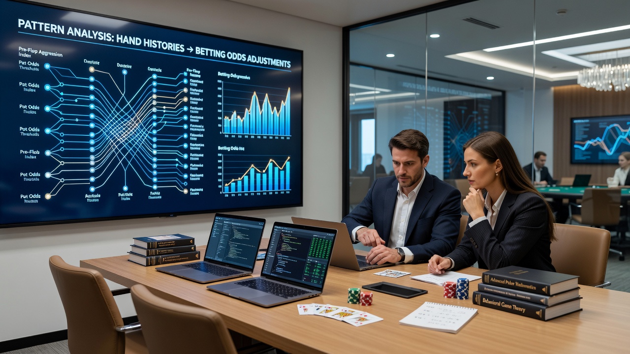 Analyst reviewing statistical outputs from poker hand histories with betting odds displays in background